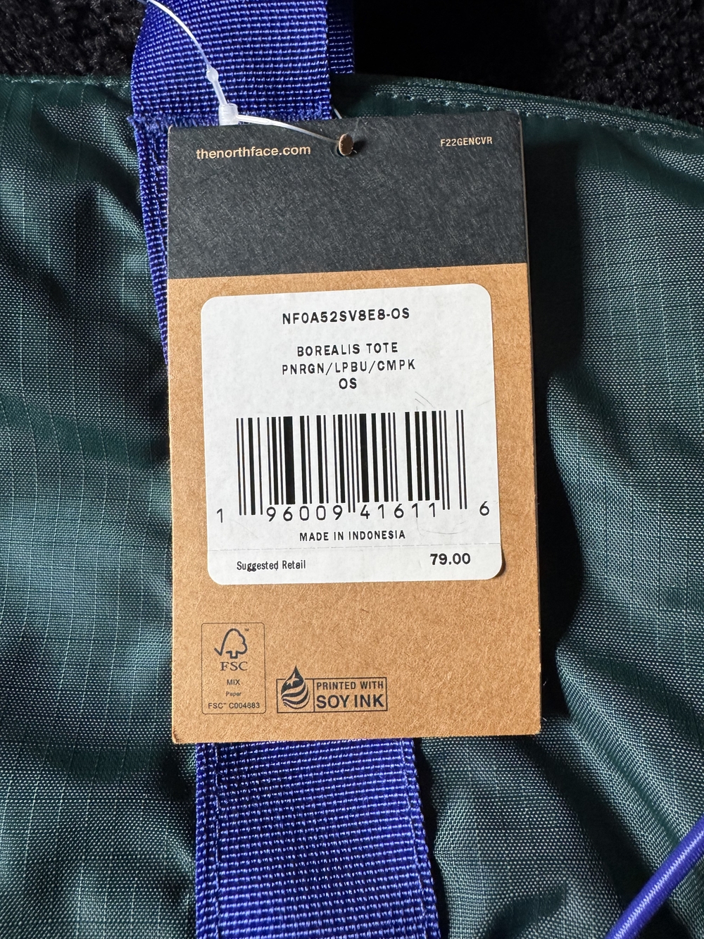 The North Face Borealis Lightweight Tote In Ponderosa Green/Lapis Blue. NWT - Picture 6 of 8